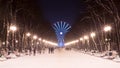 Evening in Kharkiv winter park and street lamp. Christmas city lights