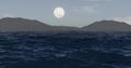 Evening lake scene. Full moon under the water. Moonlight reflected on water. Morning mist. Nature background. 3D rendering Royalty Free Stock Photo