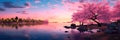 An evening lake where the spring sky is reflected, and cherry trees in bloom on the shore. Generative AI Royalty Free Stock Photo
