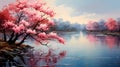An evening lake where the spring sky is reflected, and cherry trees in bloom on the shore. Generative AI Royalty Free Stock Photo