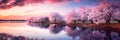 An evening lake where the spring sky is reflected, and cherry trees in bloom on the shore. Generative AI Royalty Free Stock Photo