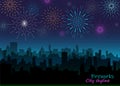 Evening landscape with fireworks. Night city skyline with salute. Vector festive firecrackers over town illustration