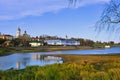 Evening landscape of Myshkin old town with Volga River port