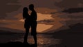 Silhouette of a man and a woman on the river Bank against the sunset Royalty Free Stock Photo