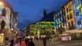 Evening in Lecco squar in Bergamo Alps, Xmas luminance on buildings, Italy