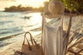 Evening light casts a warm glow on a straw hat and bag, ready for a relaxing beach getaway Royalty Free Stock Photo