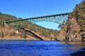 Evening Light at Deception Pass State Park with Bridge connecting Whidbey to Fidalgo Island, Washington Royalty Free Stock Photo