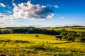 Evening light on farm fields and rolling hills near Cross Roads, Pennsylvania.