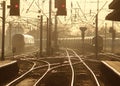 Evening light on rails and up sun view of trains Royalty Free Stock Photo