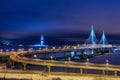 Evening lighting cable stayed bridge on highway, St. Petersburg, Russia. Royalty Free Stock Photo