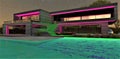 Evening lighting design of the estate, including a swimming pool with steps under the water. Great combination of pink and green. Royalty Free Stock Photo