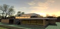 Evening in a luxurious modern villa. Reflection of a stunning sunset in the large mirrored windows. 3d render