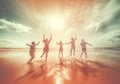 ocean man vacation travel youth friend jump sunset fun group happiness. Generative AI. Royalty Free Stock Photo