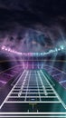 Evening match. American football stadium with neon illuminations, goal post, grass field and blurred fans at tribune. 3D Royalty Free Stock Photo