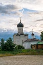 Evening melancholic sky over the famous Church of the Intercession of the Holy Virgin on the Nerl River. Vladimir region. Russia. Royalty Free Stock Photo