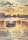 Evening mist by the lake with clouds and a ship watercolor background