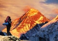 Evening Mount Everest from Gokyo valley and tourist Royalty Free Stock Photo