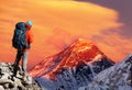 Evening Mount Everest from Gokyo valley and tourist Royalty Free Stock Photo