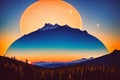 The evening mountains have trees on them and the moon on the sky. Royalty Free Stock Photo