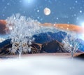 Evening in  mountains  sunset clouds and big moon on sky panoramic view of snow covered trees falling snowflakes nature landscape Royalty Free Stock Photo