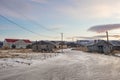 Evening mystical view of the old Arctic village with abandoned houses. Teriberka