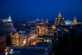Evening or night illuminated building of Moscow Garden ring on deep blue sky. Panoramic birds-eye photo Royalty Free Stock Photo