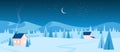 Evening or night village winter landscape,snow covered houses, silhouettes of pine trees Royalty Free Stock Photo