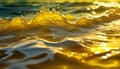 Evening ocean water backdrop and the seas surface. Background with sea wavy water detail. Yellow water shimmering