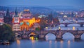 Evening over river Vltava near Charles bridge in Prague Royalty Free Stock Photo