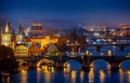 Evening over river Vltava near Charles bridge in Prague Royalty Free Stock Photo