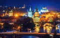 Evening over river Vltava near Charles bridge in Prague Royalty Free Stock Photo