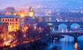 Evening over river Vltava near Charles bridge in Prague Royalty Free Stock Photo