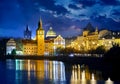 Evening over river Vltava near Charles bridge in Prague