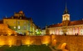 Evening panorama of Castle Square with Royal Castle and defense city walls in Starowka Old Town Warsaw, Poland