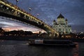Evening panorama of the Cathedral of Christ the Savior and the Patriarchal bridge across the Moscow River. Autumn in Moscow. Royalty Free Stock Photo