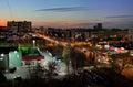 Evening panorama of the city overlooking the Church of the Protection of the Holy Virgin in the city of Togliatti.