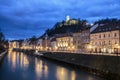 Evening panorama of riverfront of Ljubljana, Slovenia.