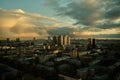 Evening panorama of Moscow, setting sun is reflected in office buildings. Cityscape and beautiful sky Royalty Free Stock Photo