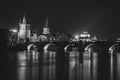 Evening panorama of Prague, Czech Republic. Black and white photo. Charles Bridge,Karluv most reflected in Vltava River. Long Royalty Free Stock Photo