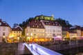 Evening panorama of riverfront of Ljubljana, Slovenia. Royalty Free Stock Photo