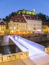 Evening panorama of riverfront of Ljubljana, Slovenia.