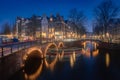 Evening panoramic view of the famous historic center in Amsterdam, Netherlands
