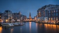 Evening panoramic view of the famous historic center in Amsterdam, Netherlands Royalty Free Stock Photo