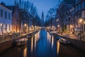 Evening panoramic view of the famous historic center in Amsterdam, Netherlands