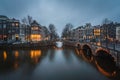 Evening panoramic view of the famous historic center in Amsterdam, Netherlands Royalty Free Stock Photo