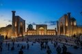 Evening Panoramic View to the Highlighted Registan square in Samarkand