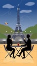 Evening in Paris Concept. Male And Female Silhouettes Sitting At The Table Outside Drinking Flavored Coffee On Eiffel
