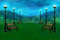 Evening park with street lamps and benches