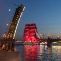 Evening Petersburg. A sailboat sails on the Neva.