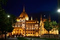 Evening photo of the Parliament building in Budapest.The majestic Saxon architecture is illuminated with warm yellow light Royalty Free Stock Photo